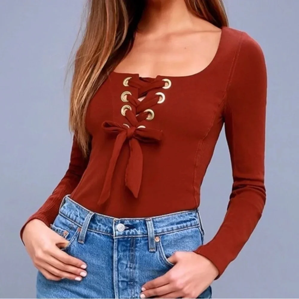 Free People Lace-Up Top Rust Sz Small